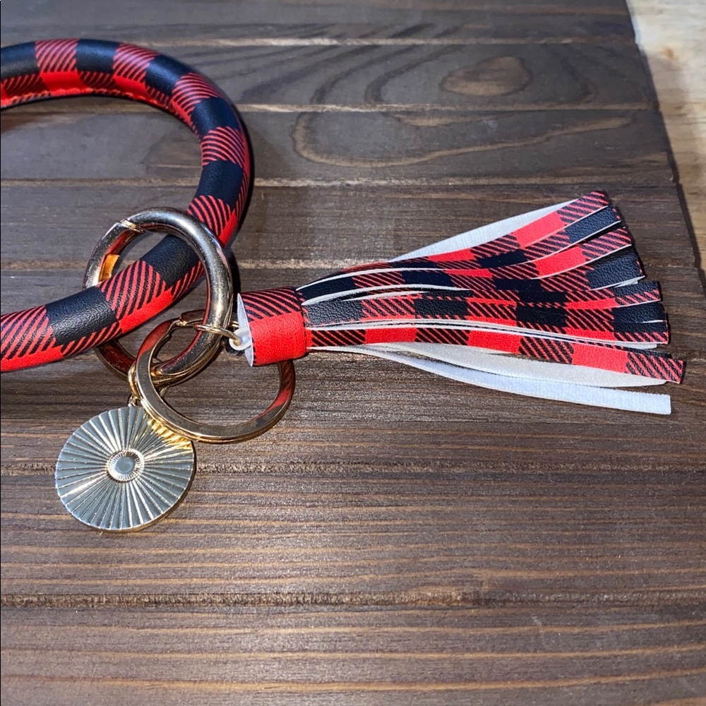 Red & Black Buffalo Plaid Keychain Bracelet with Gold Accent & Fringe Tassel - Picture 10 of 11